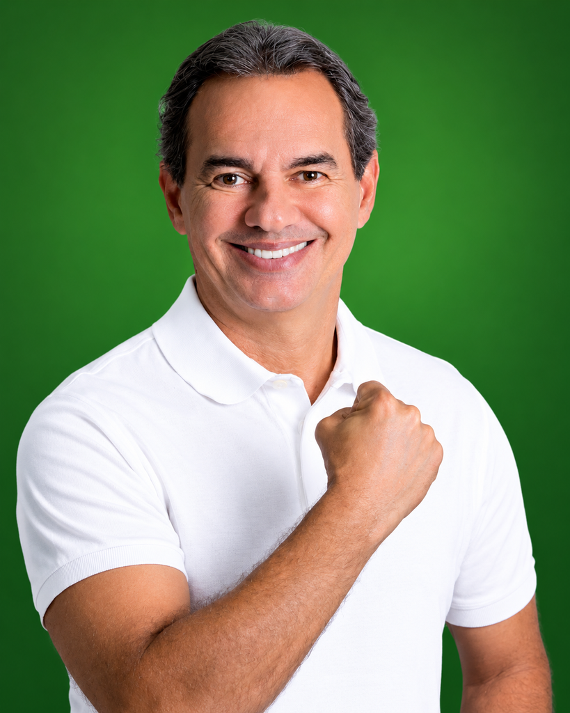  Marquinhos Trad, sorrindo e vestindo uma camisa polo branca, em fundo verde.