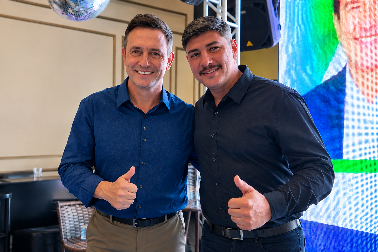 Jezreel Lescano e André Salineiro posam lado a lado durante evento, sorrindo e fazendo sinal de positivo.
