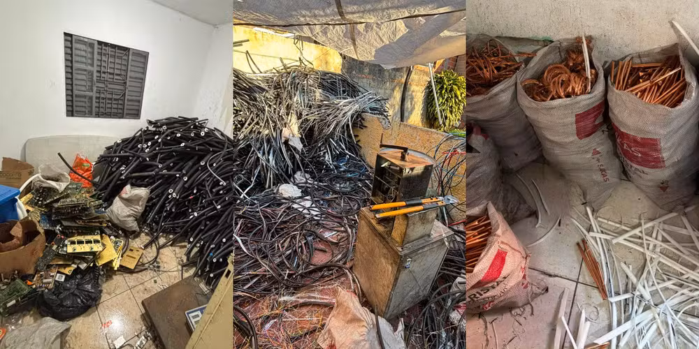 Fios e cabos metálicos armazenados para comercialização irregular, em meio a materiais de cobre e outros metais.